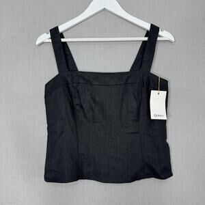 Quince Tank Top Womens Medium Black 100% European Linen Fitted Smocked Back Crop